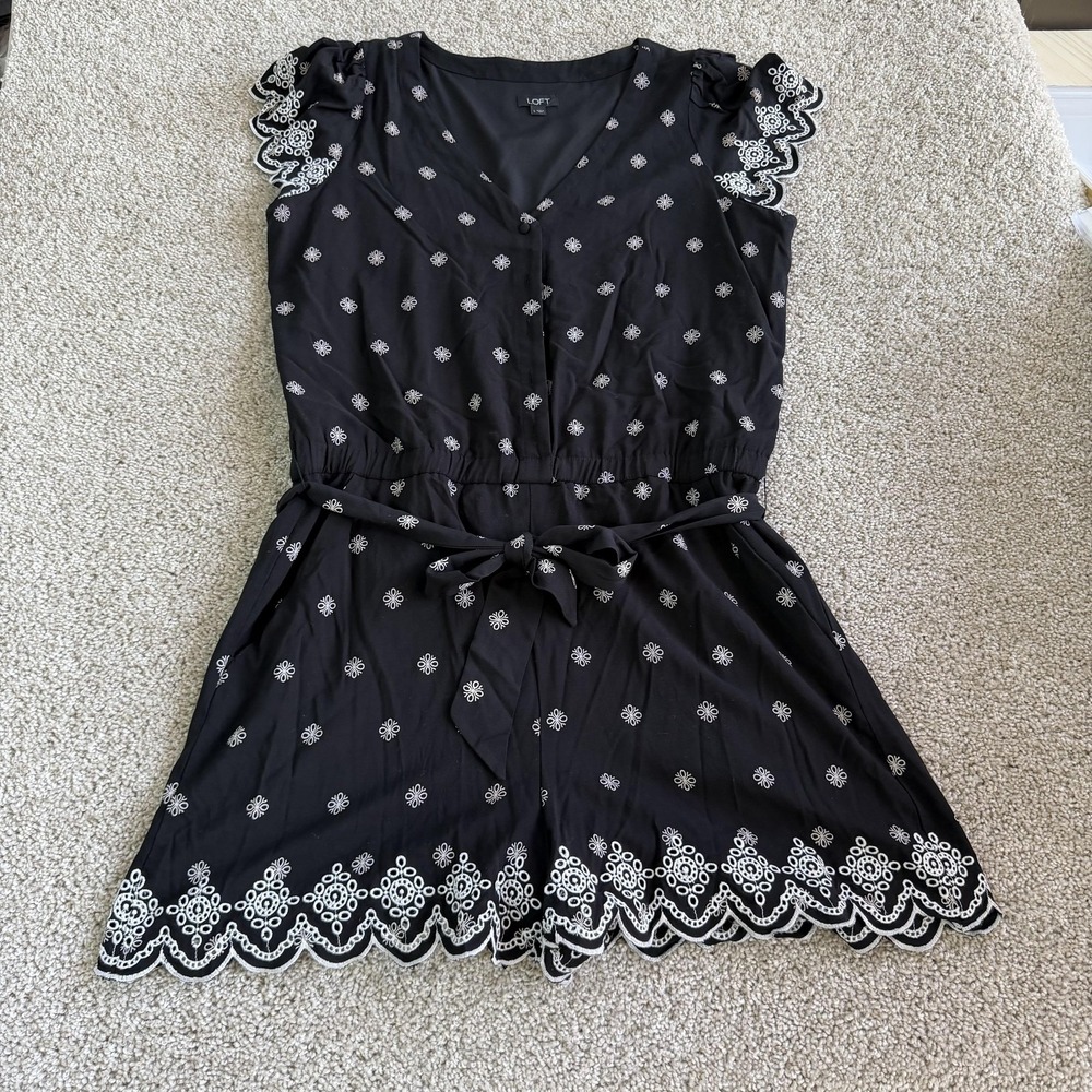 LOFT Romper Womens Large Black Short Sleeve V Neck Embroidered Belted Summer
